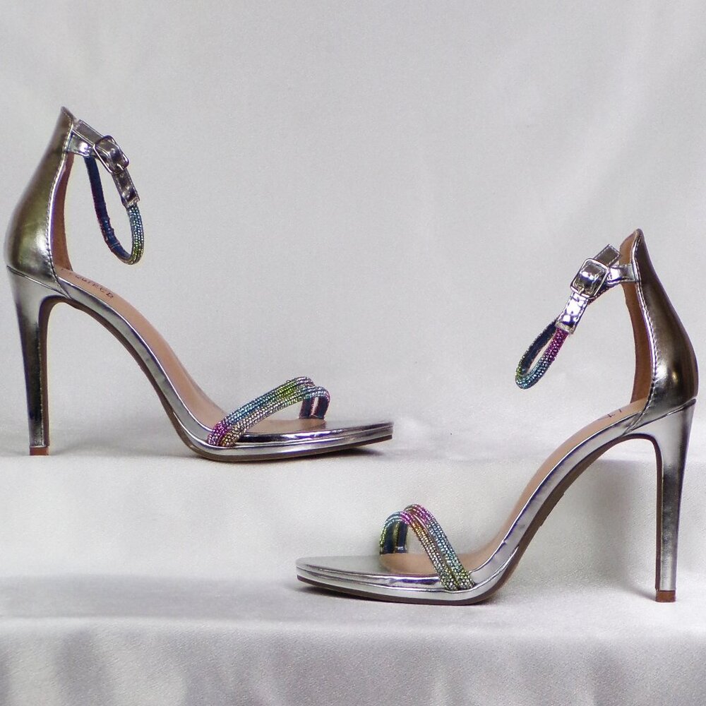 I.D. REQUIRED 9M RHIANNA silver ultra-high-heel party sandals faux gemstones